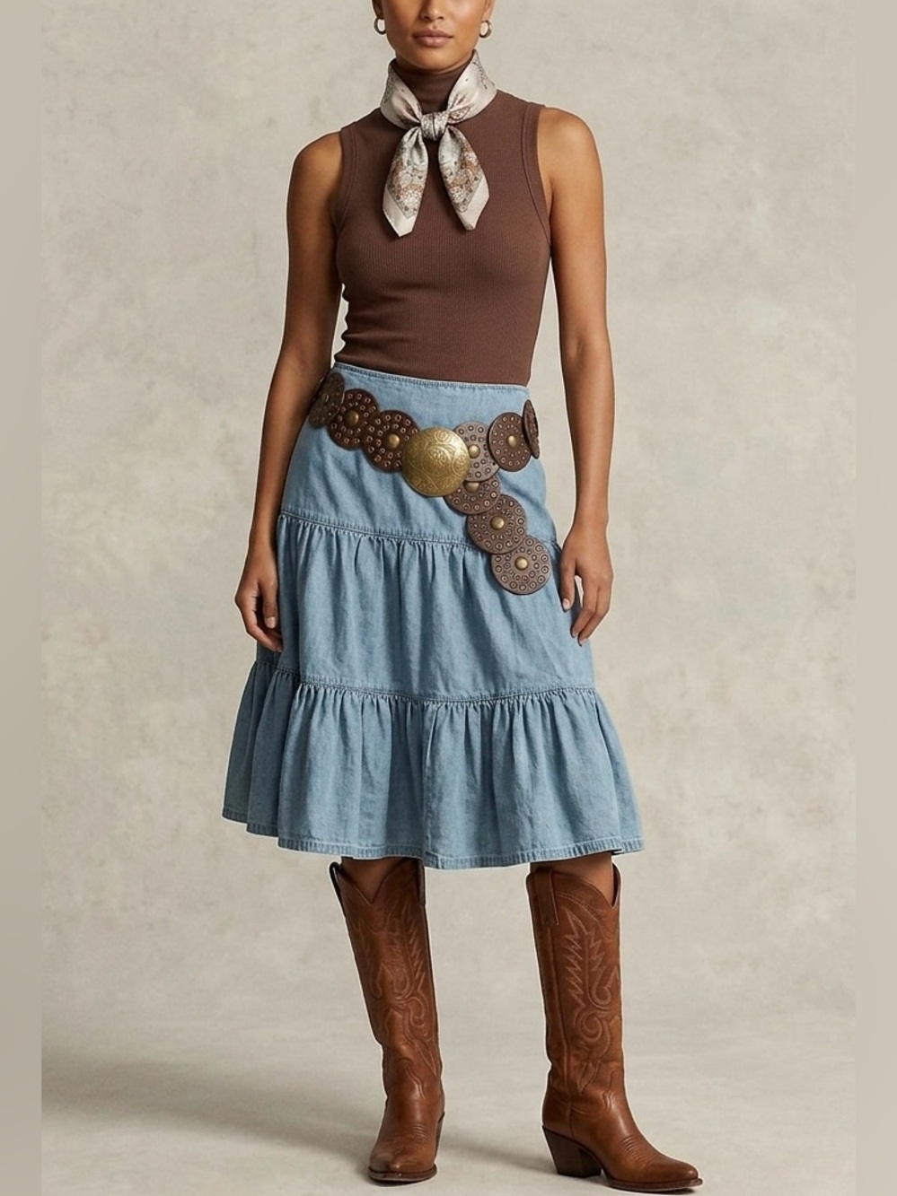 Vintage CHAPS Denim Tiered Prairie Mini Skirt - 100% Cotton Light Wash Size 12 - Picture 2 of 8